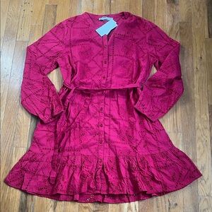 Mango NWT Eyelet Ruffle Hem Tie Waist Long Sleeve Minidress